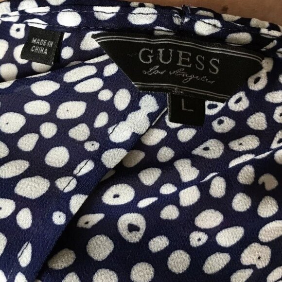 GUESS Los Angeles sz L Floral Semi-Sheer Blouse Top Long Sleeve Navy Blue Red - Picture 11 of 14